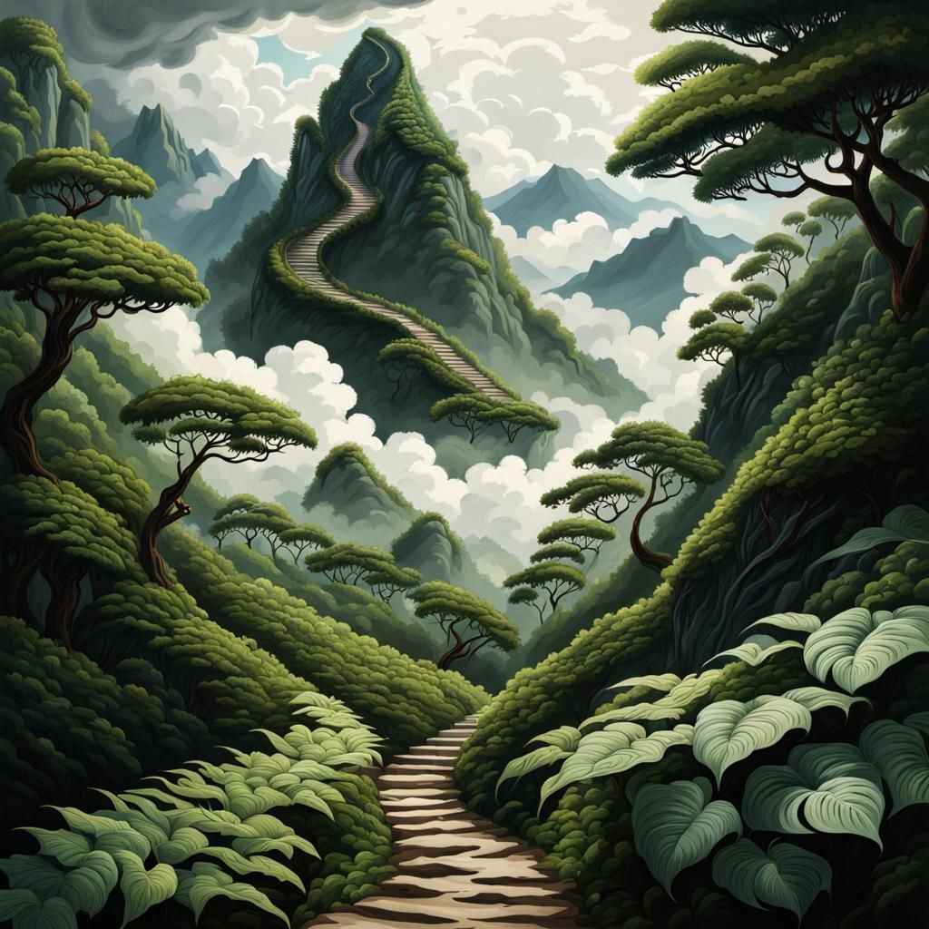 Mysterious Forest Path to Cloud-Shrouded Mountain