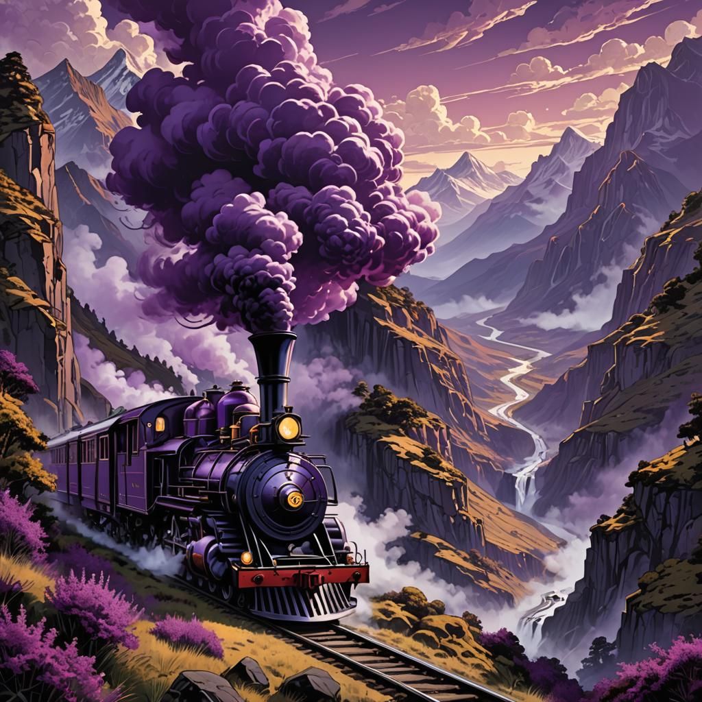 Purple Steam Engine Train in Comic Book Style