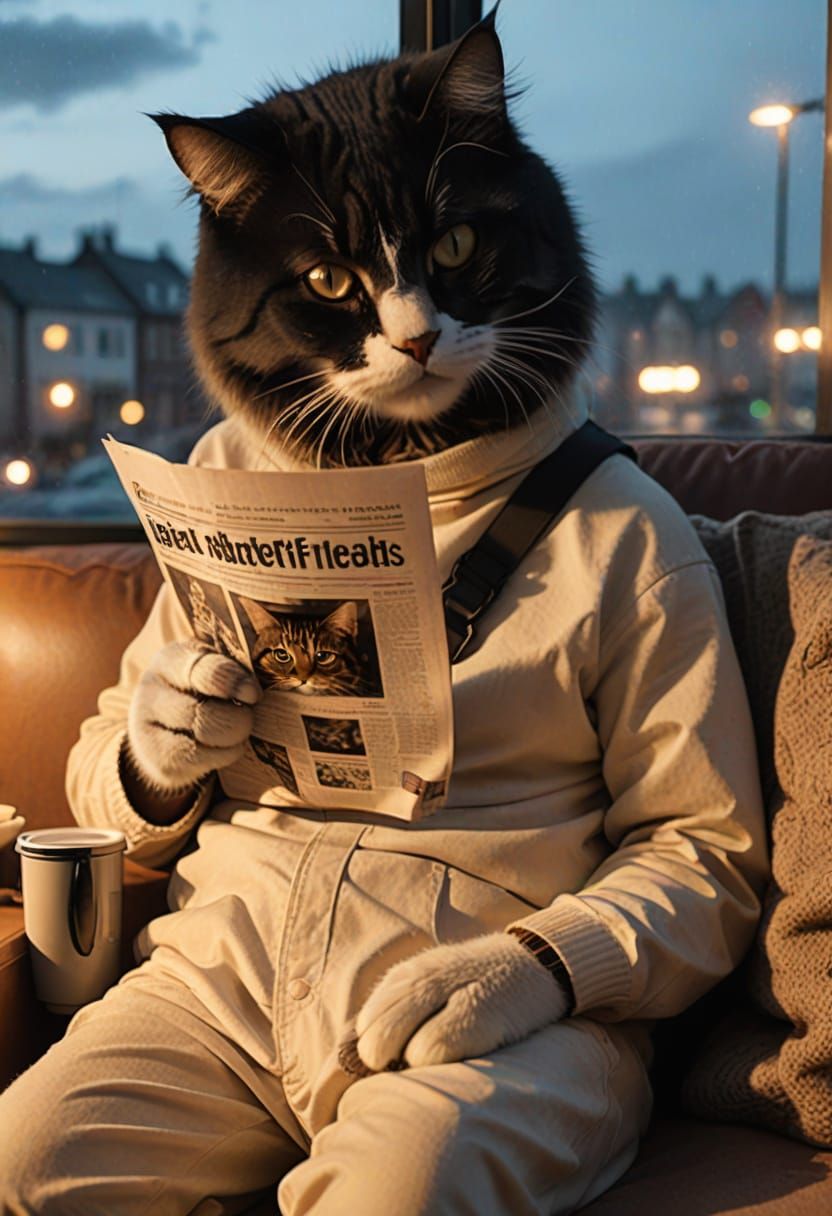Cat Reads Newspaper Watching Garfield Movie