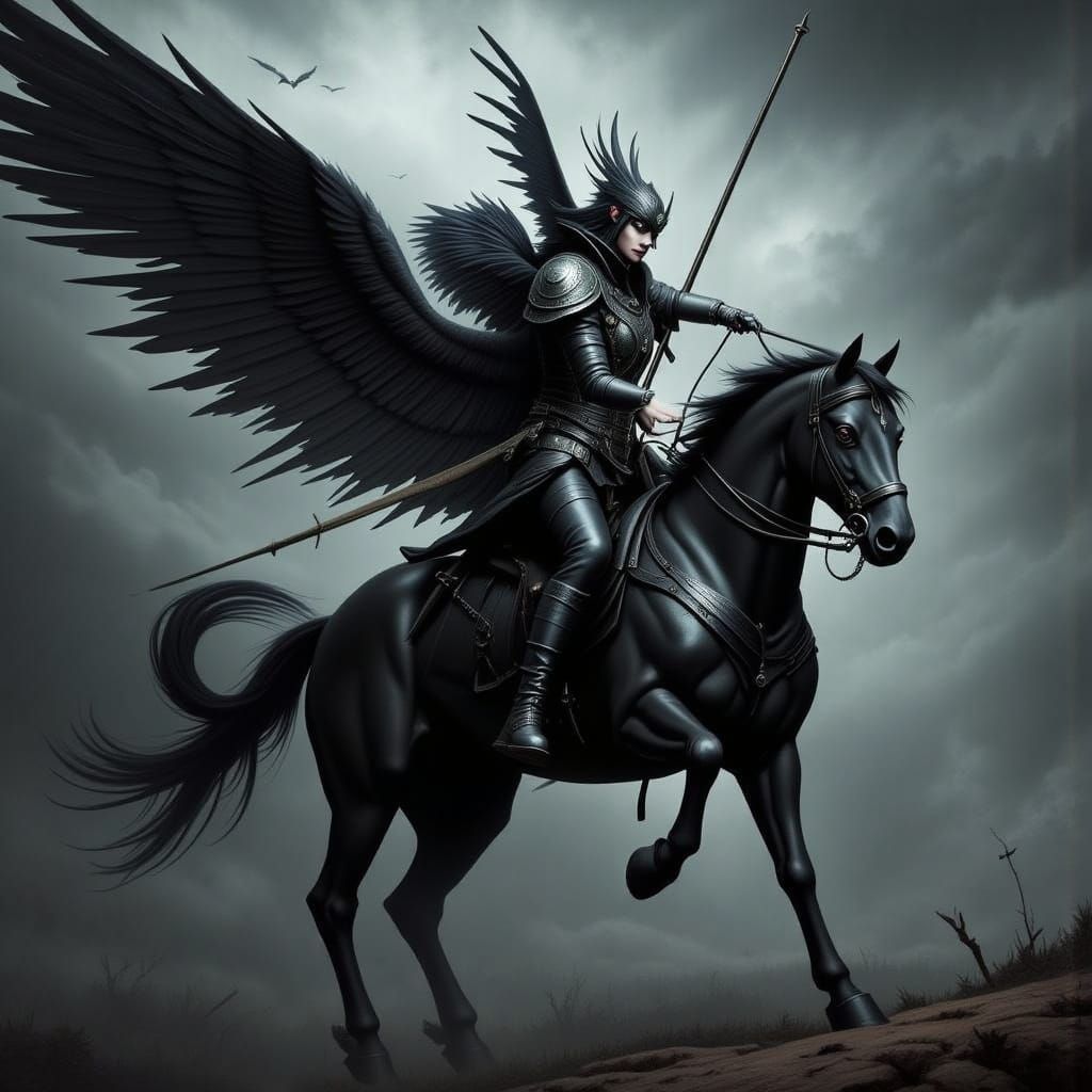 Dark Angel Rides a Majestic Flying Horse