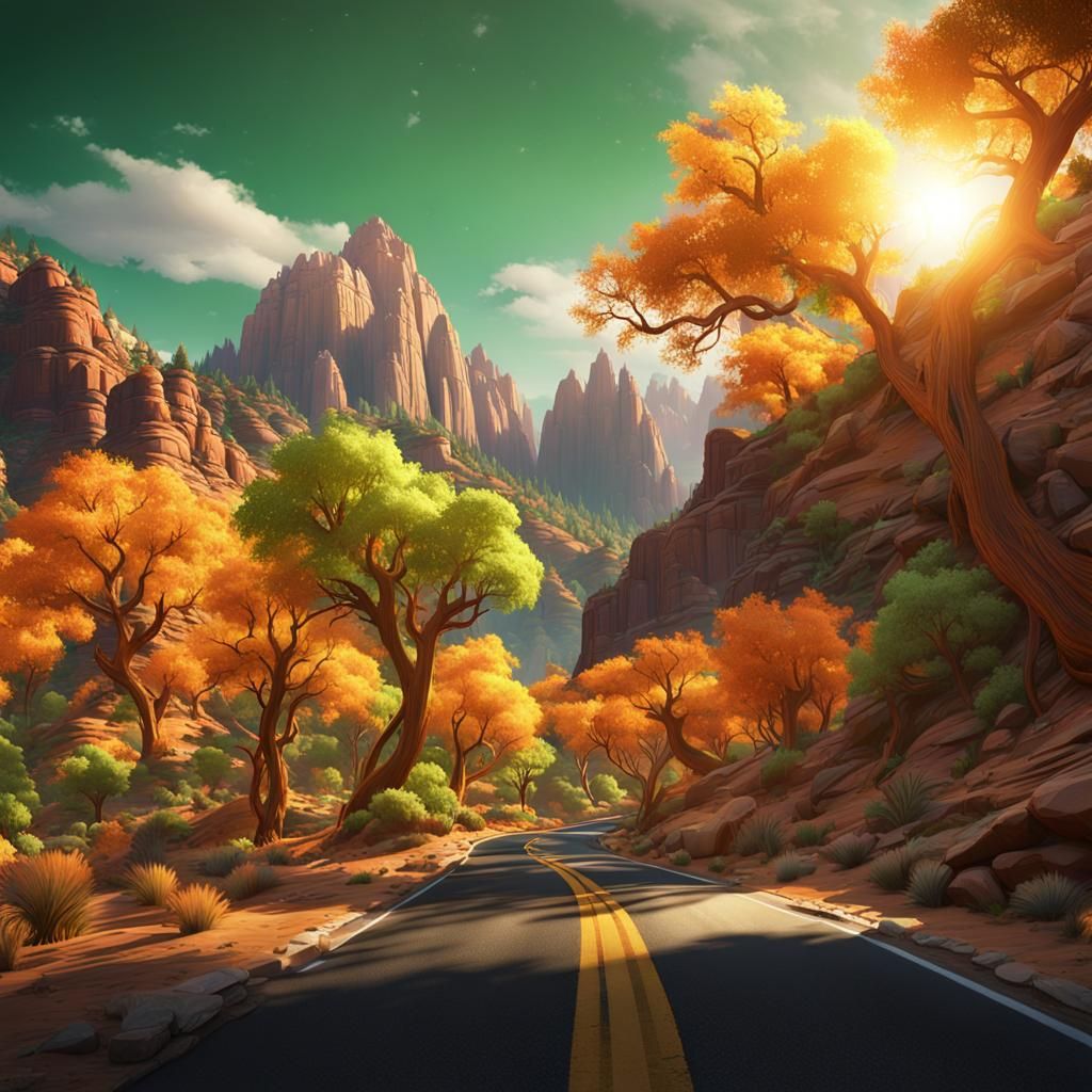 Zion park, mountains colored light and dark orange, road cro...