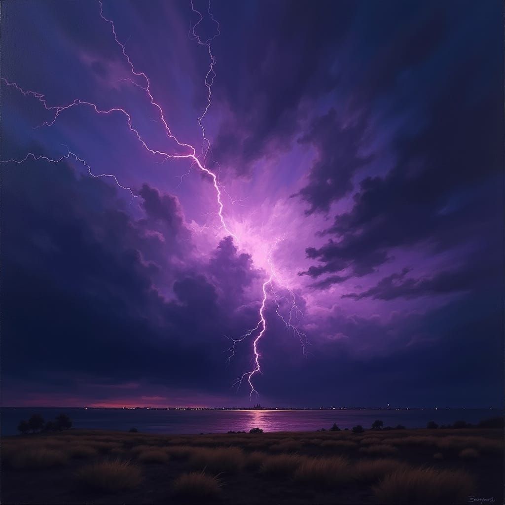 Stormy Evening Sky Streaked with Purple Lightning
