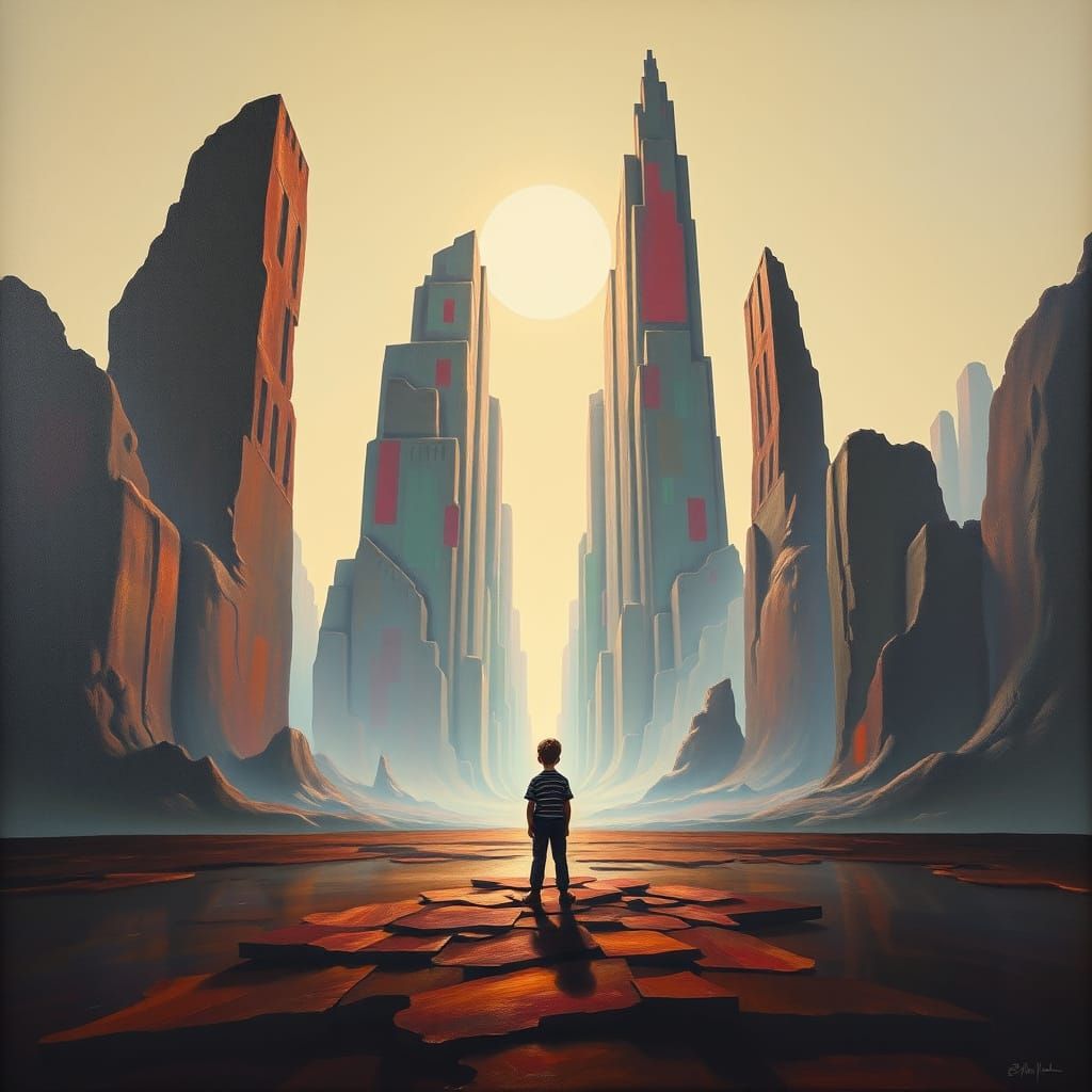 Contemplative Boy Amidst Distorted Cityscapes in Dreamlike R...