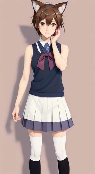 Cat Girl Schoolgirl in Whimsical Japanese Style