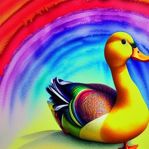 Rainbow Watercolor Duck in Aetherpunk Style