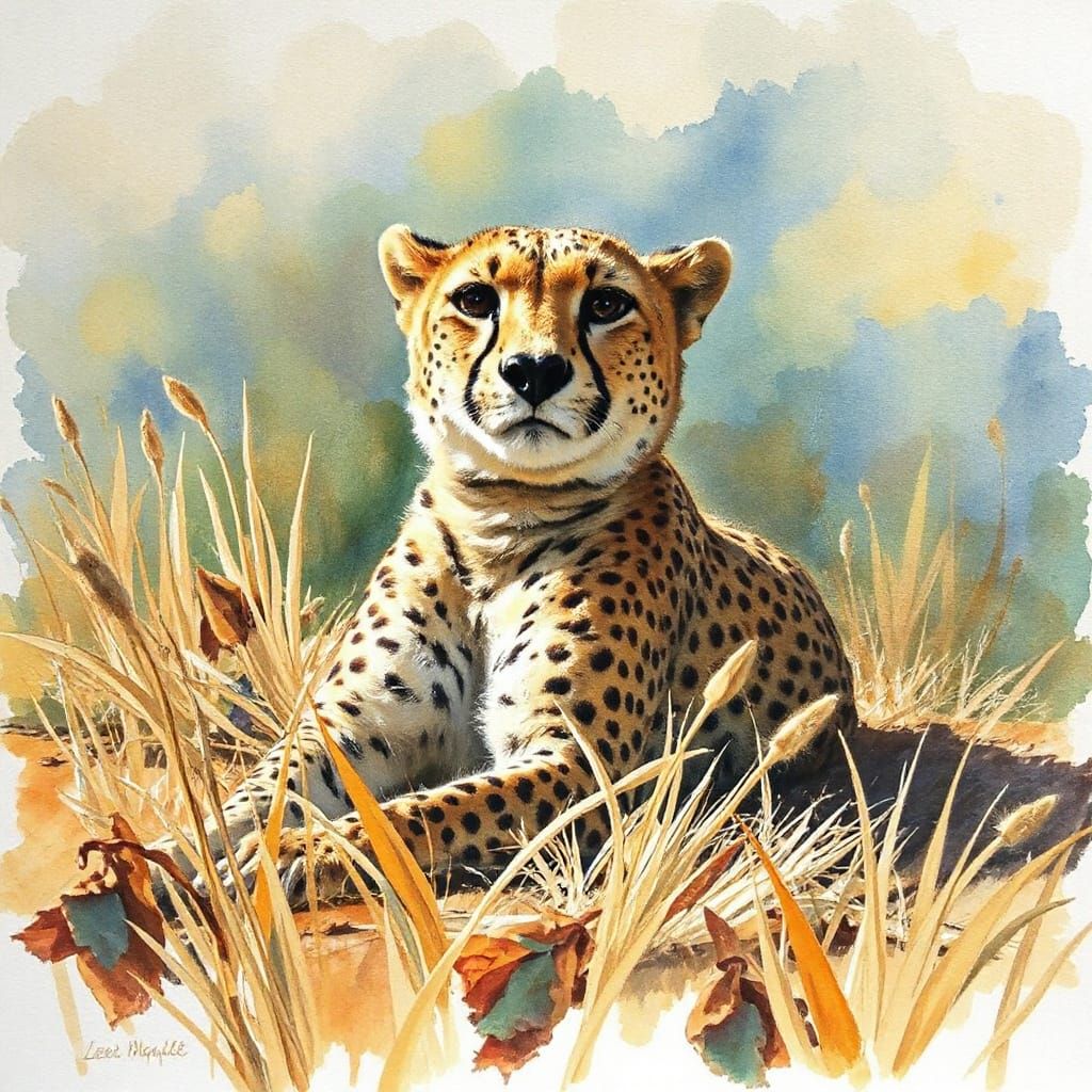 Cheetah in Dry Grass: Watercolour Painting