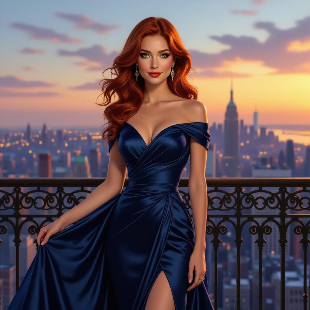 Elegant Woman Overlooks Futuristic City at Sunset