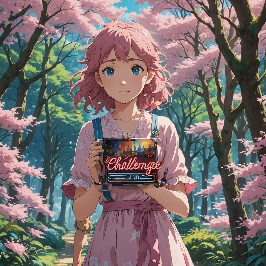 Anime Girl with Pink Hair Holding Challenge Sign