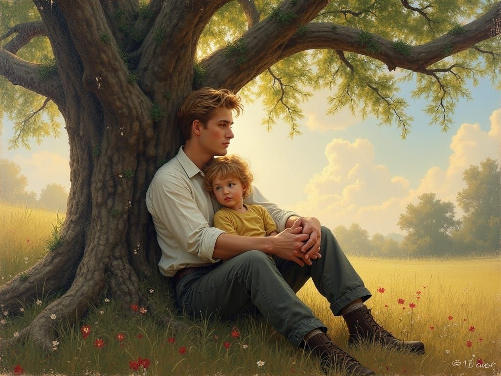 Vintage Impasto Painting of Father and Daughter