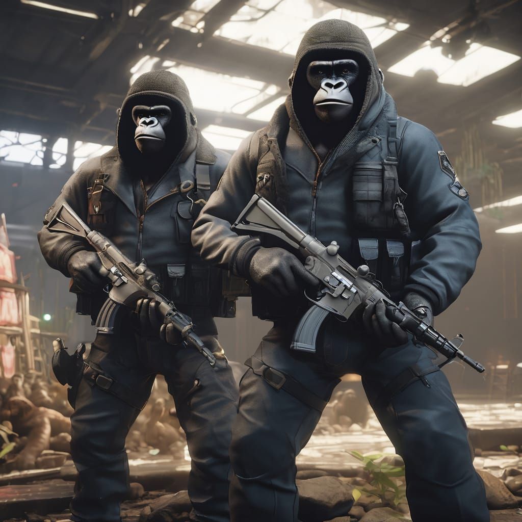 Gorillas with Guns and Money Bags in Gritty Urban Scene