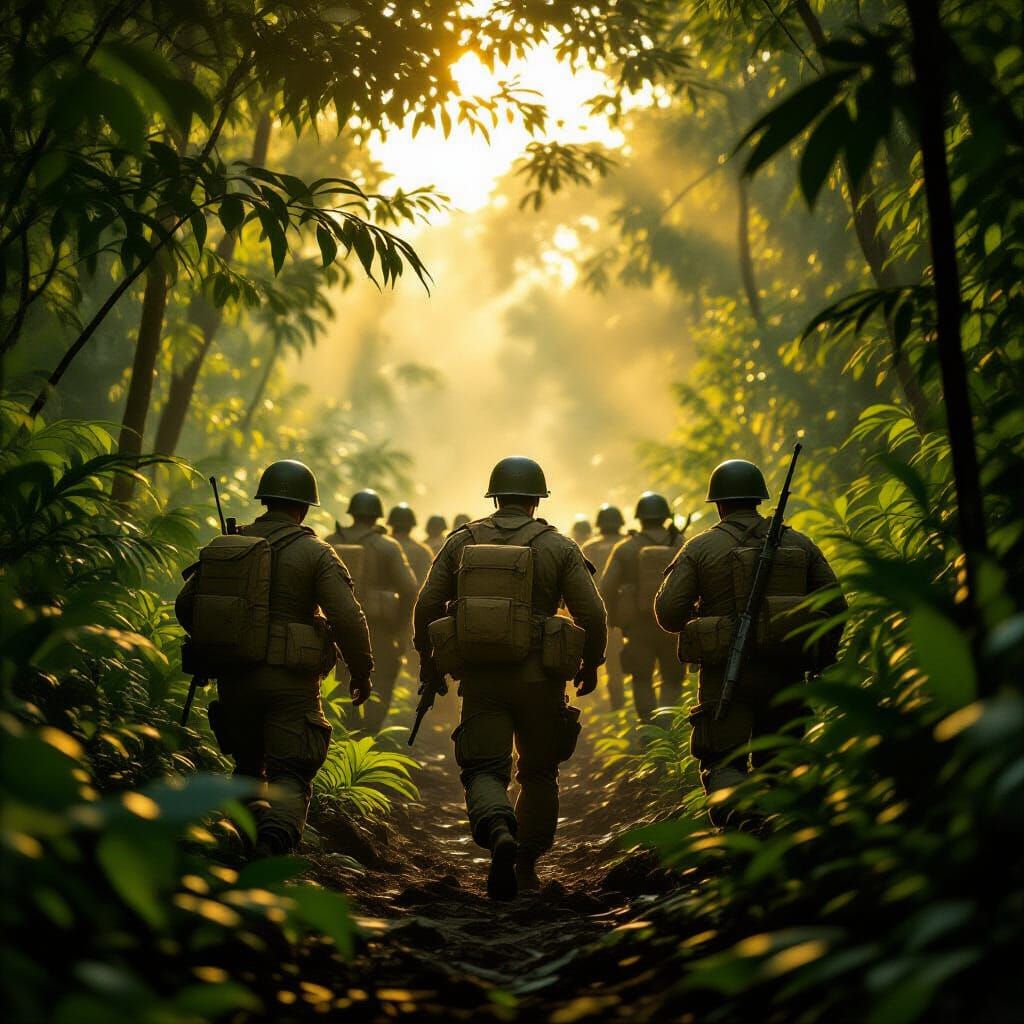 Cinematic Jungle Platoon Advancing in Golden Hour