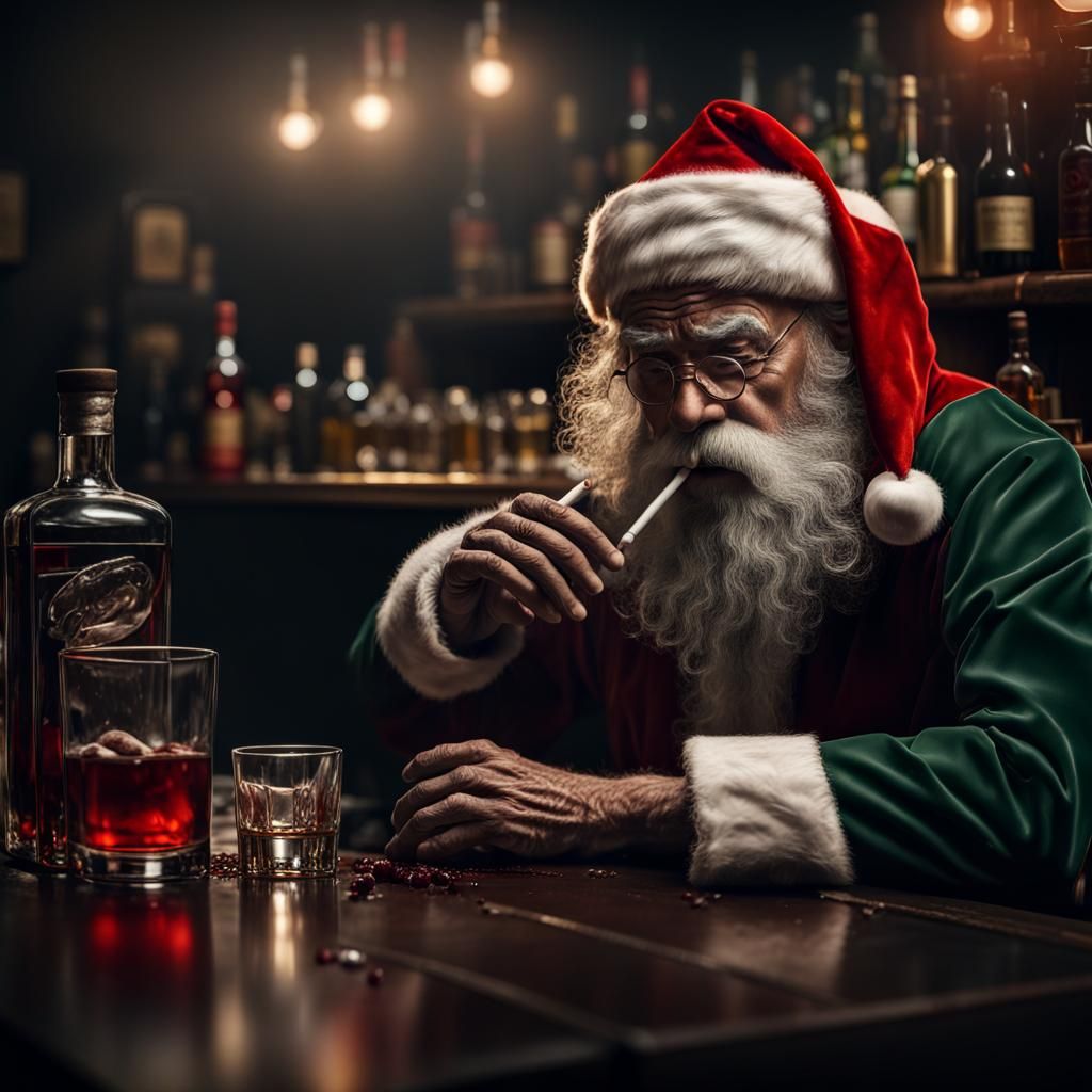 Overworked Santa Claus in Smoky Bar: Hyperrealistic 3D Art