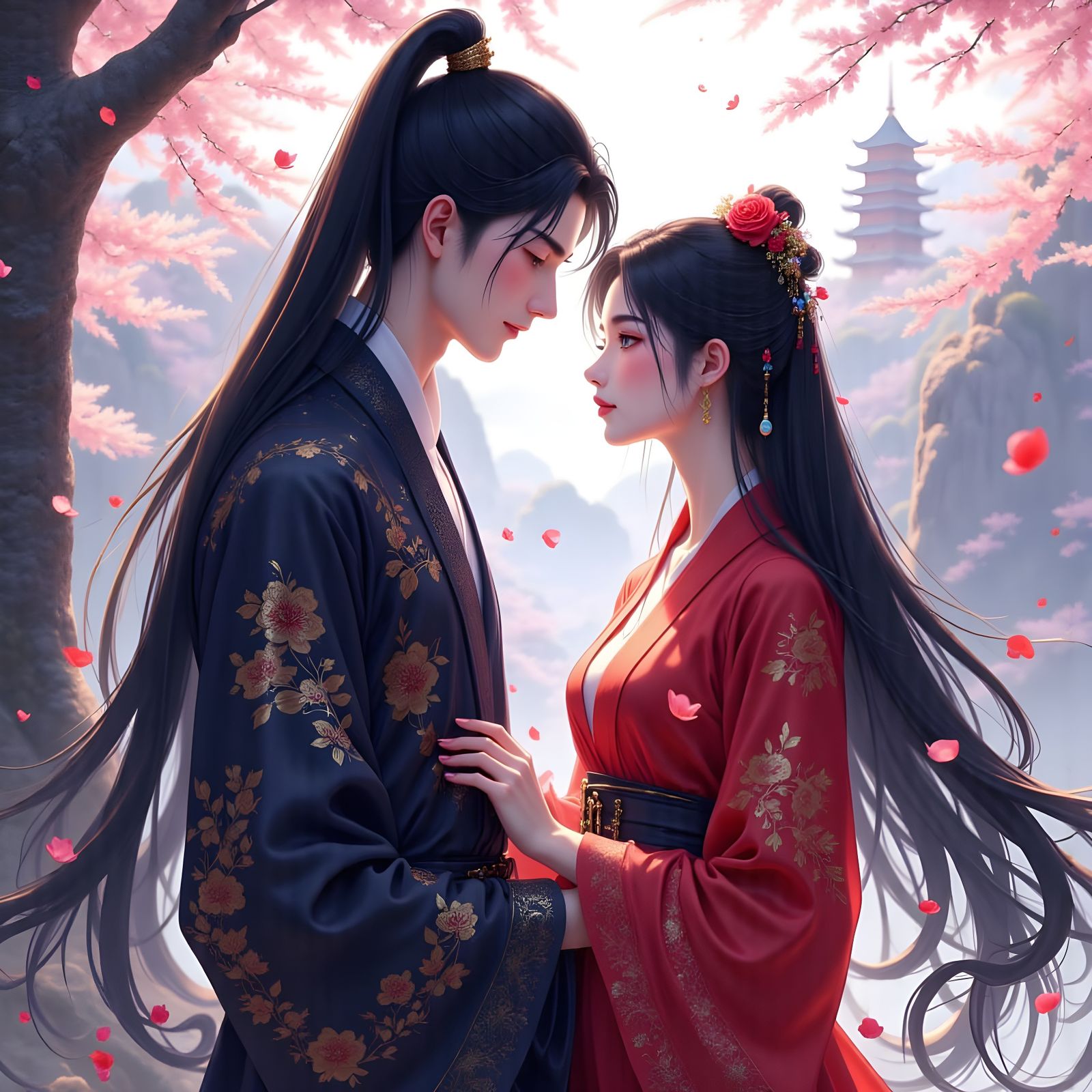 Romantic Asian Couple in Donghua Style Portrait