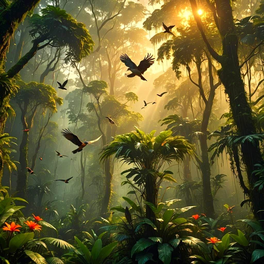 Rainforest Sunset: Birds in Flight, Digital Matte Painting