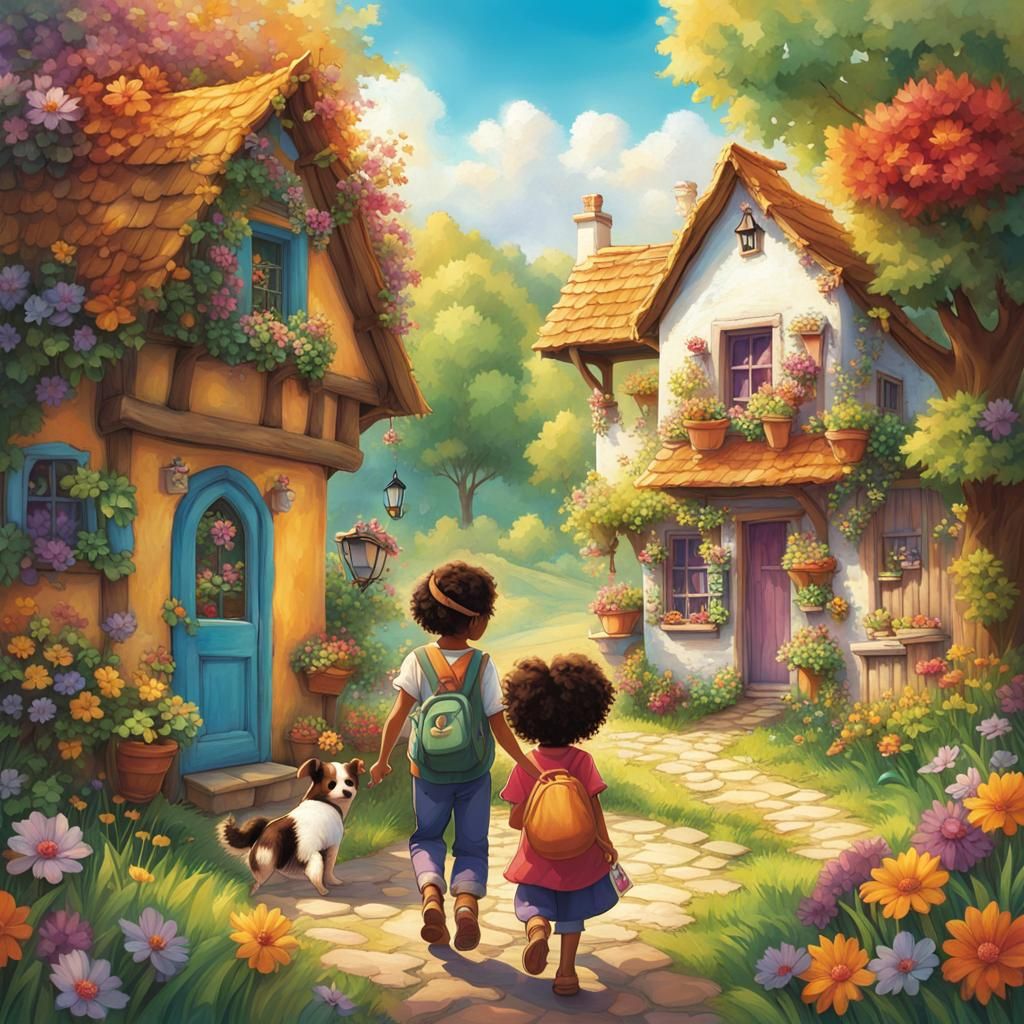 Girl and Puppy's Friendship, Whimsical Illustration