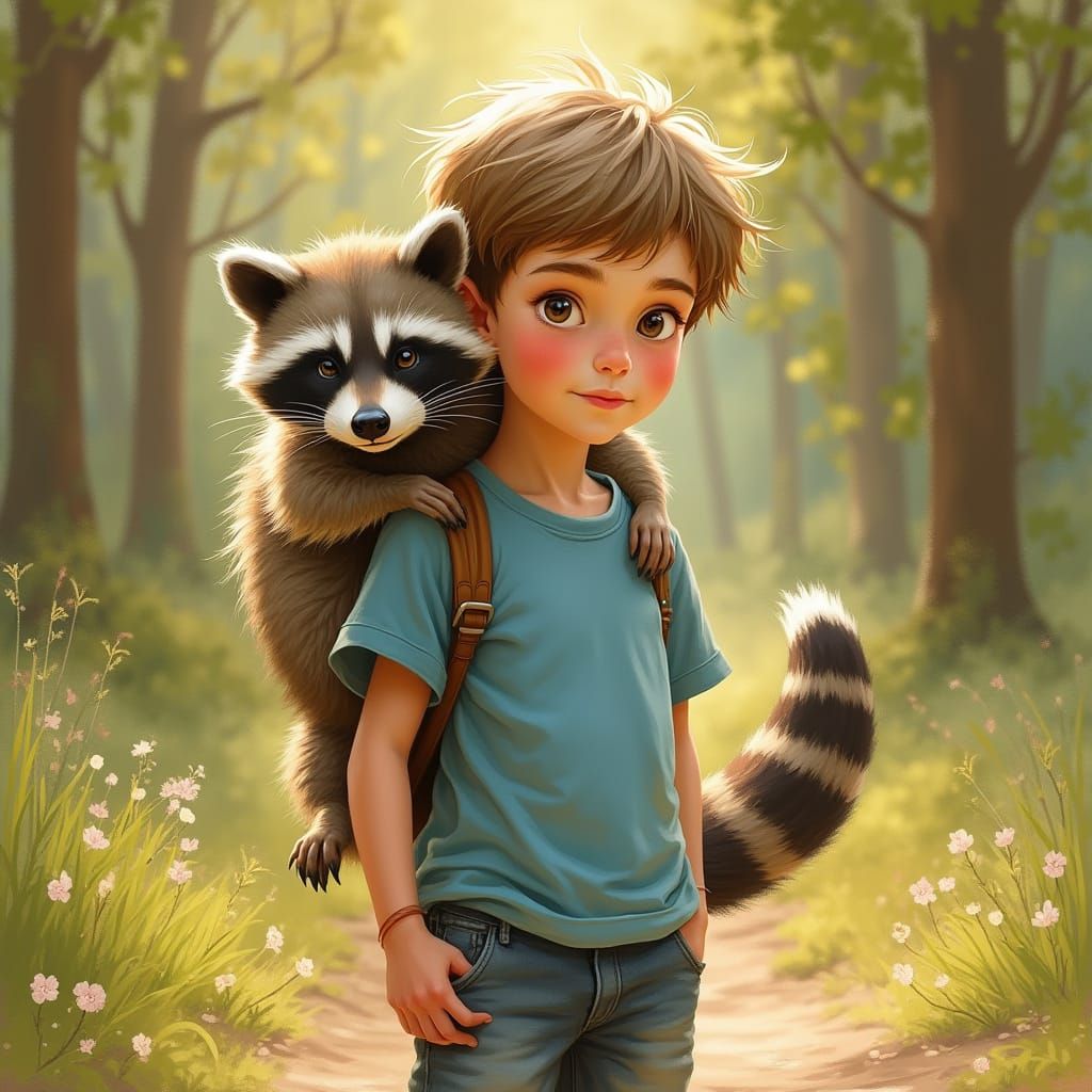 Whimsical Boy and Raccoon in Forest