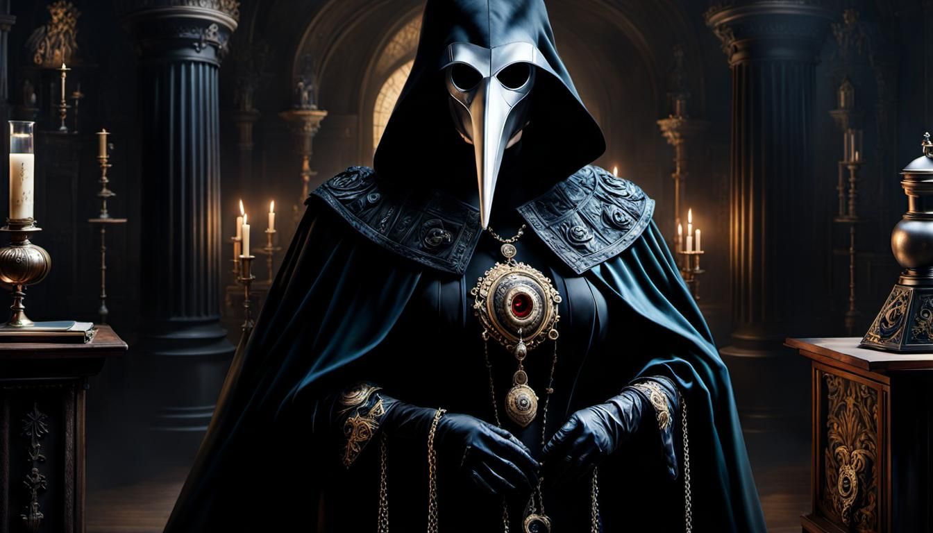 Plague Doctor Woman in Provocative Pose as Digital Oil Paint...