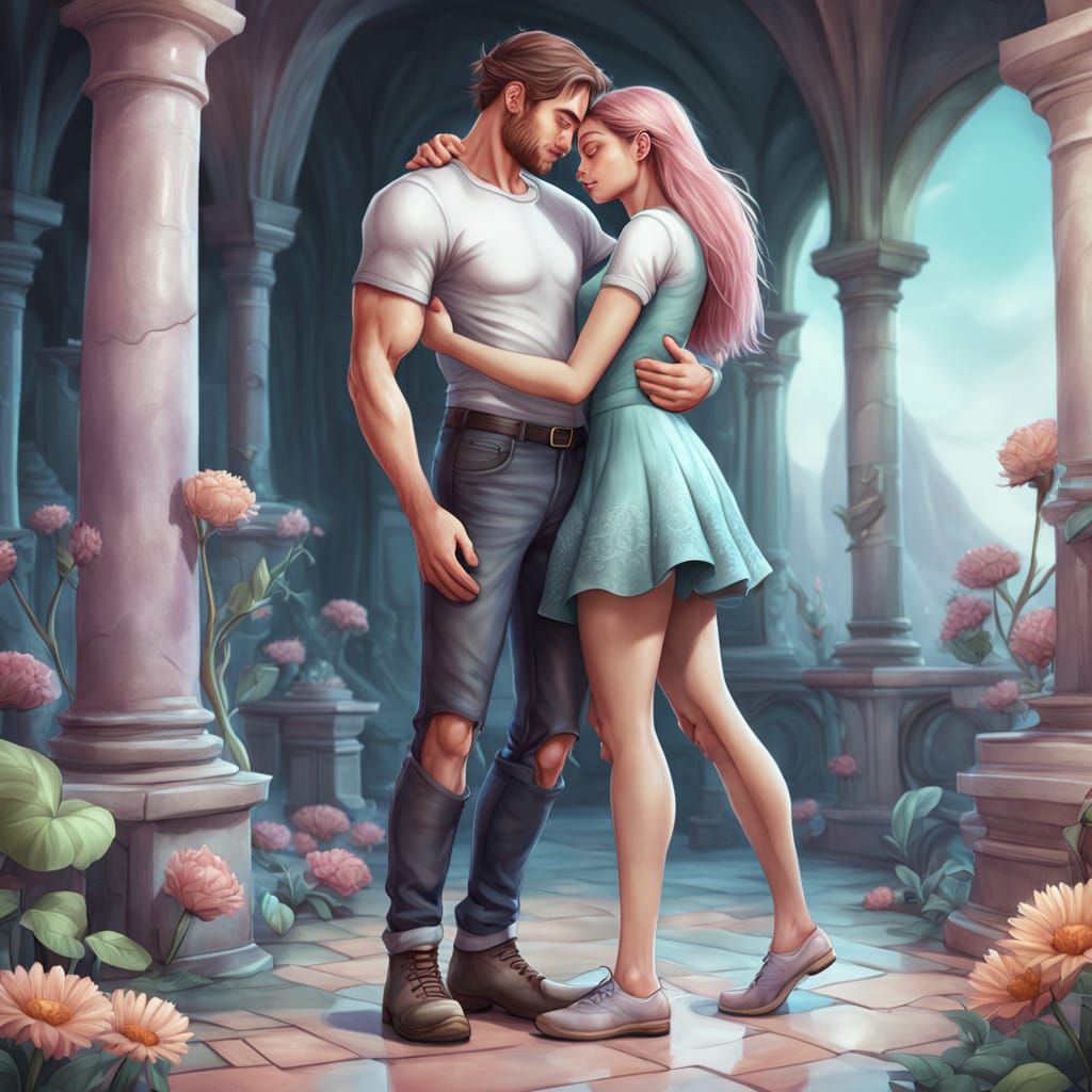 Young Couple Hugging in Whimsical Fantasy Style