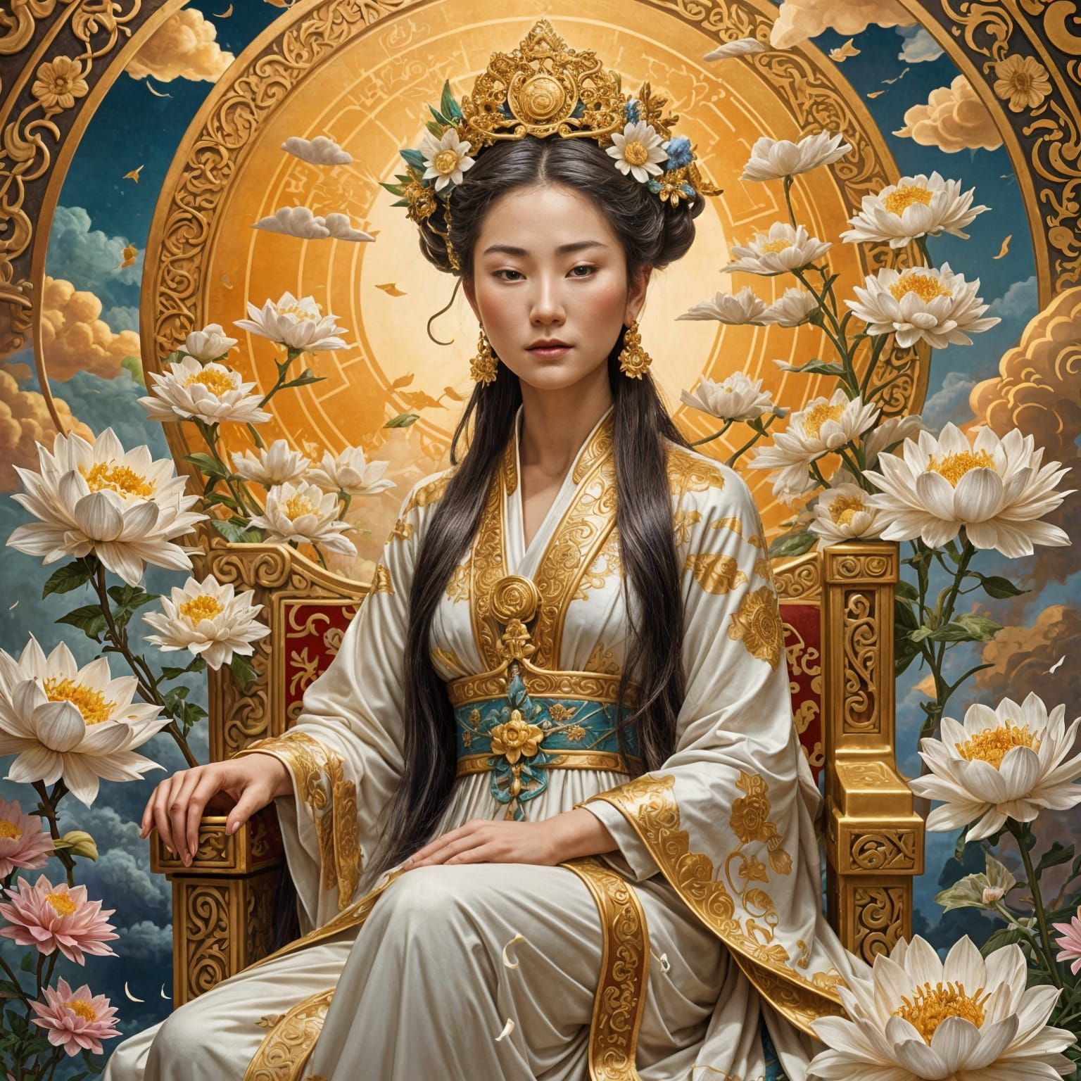 Fantasy Goddess on Throne Surrounded by Flowers and Clouds
