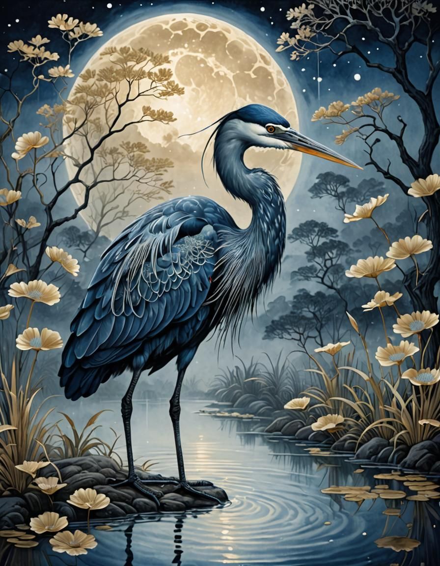 Blue Heron in Moonlight: Ethereal Fantasy Art