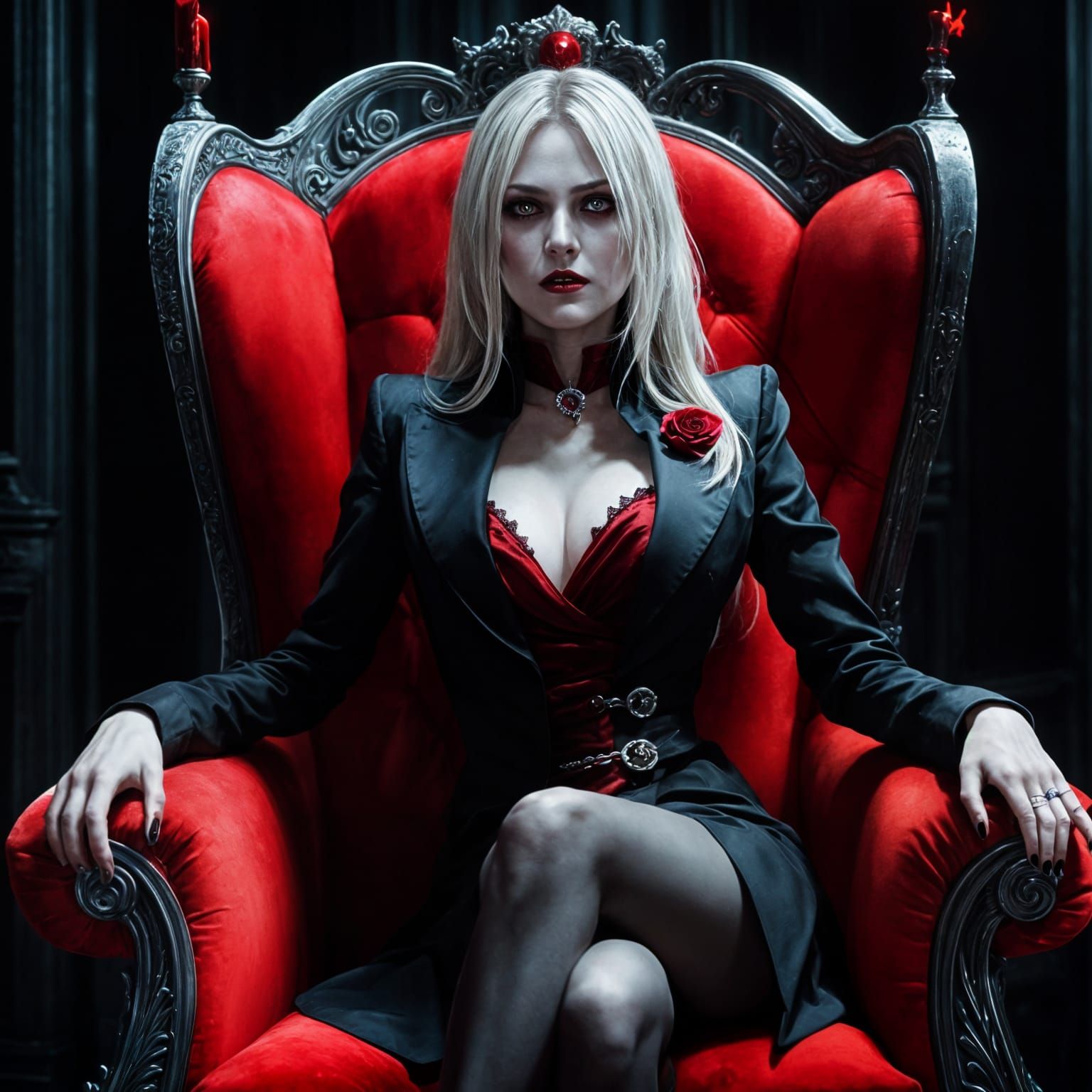 Gothic Vampire Queen in Red Coat, Surrounded by Dark Mystery
