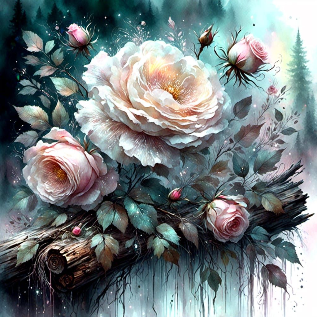 Ethereal Rose Bloom in Rainy Forest: Watercolor Art