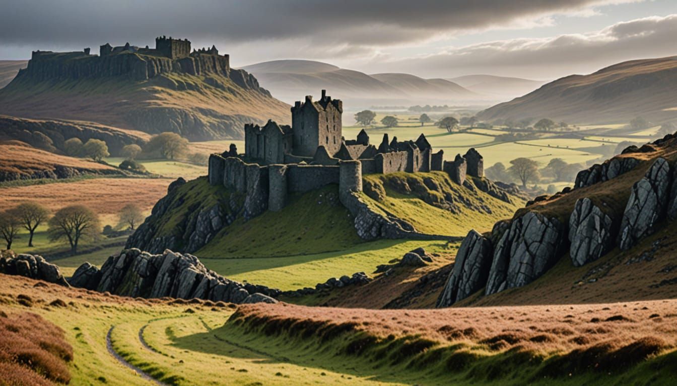 Misty Medieval Highland Moorland Castle Wallpaper