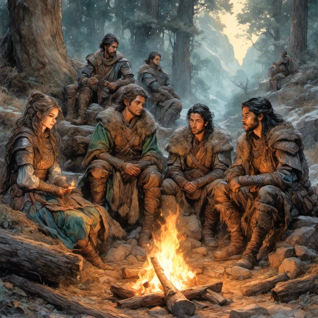 Elven Adventurers Gather 'Round Campfire in Chromaflow Style