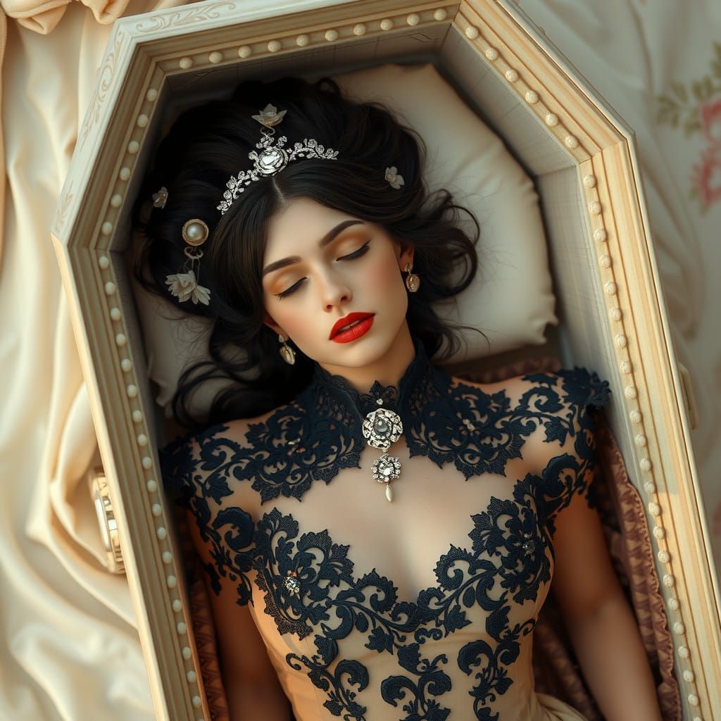 Ethereal Victorian Maiden Slumbers in Intricate Coffin