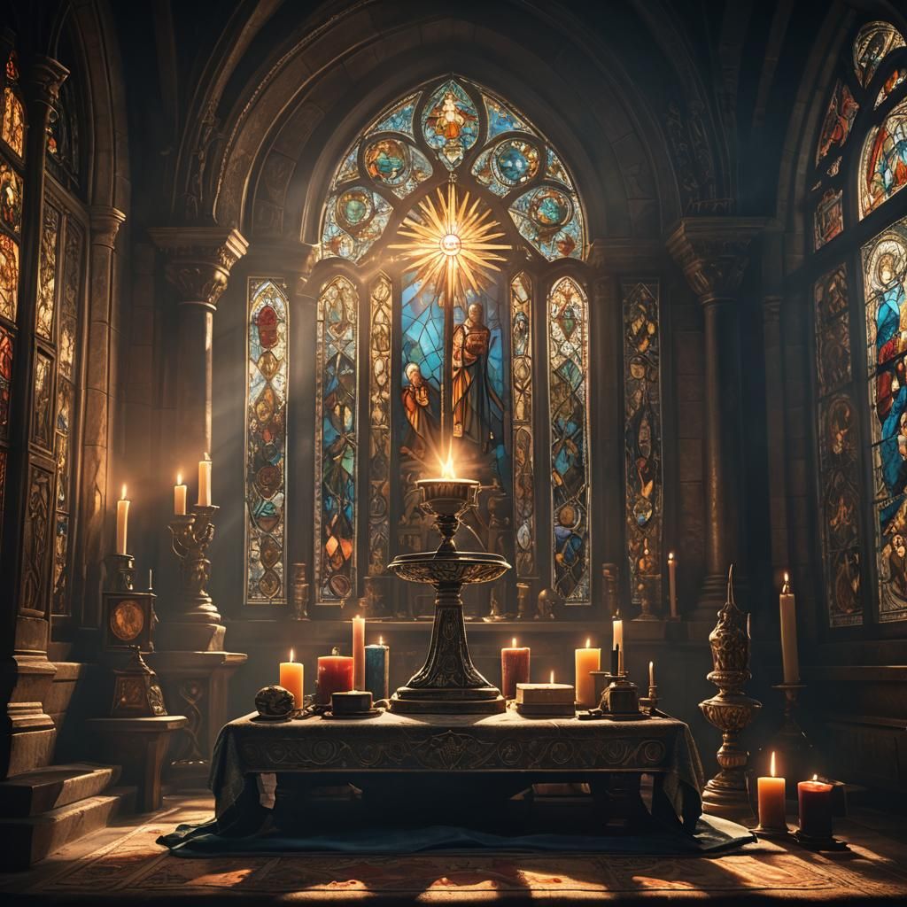 Sunlit Altar with Sacred Objects in Digital Art