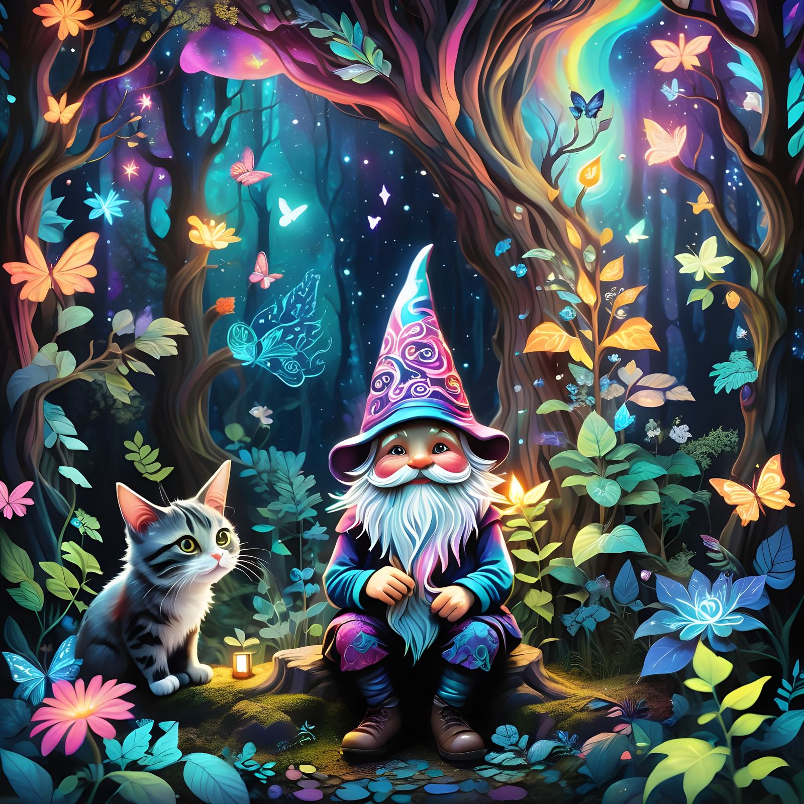 Gnome and Cat in Mystical Forest: Cosmic Illustration