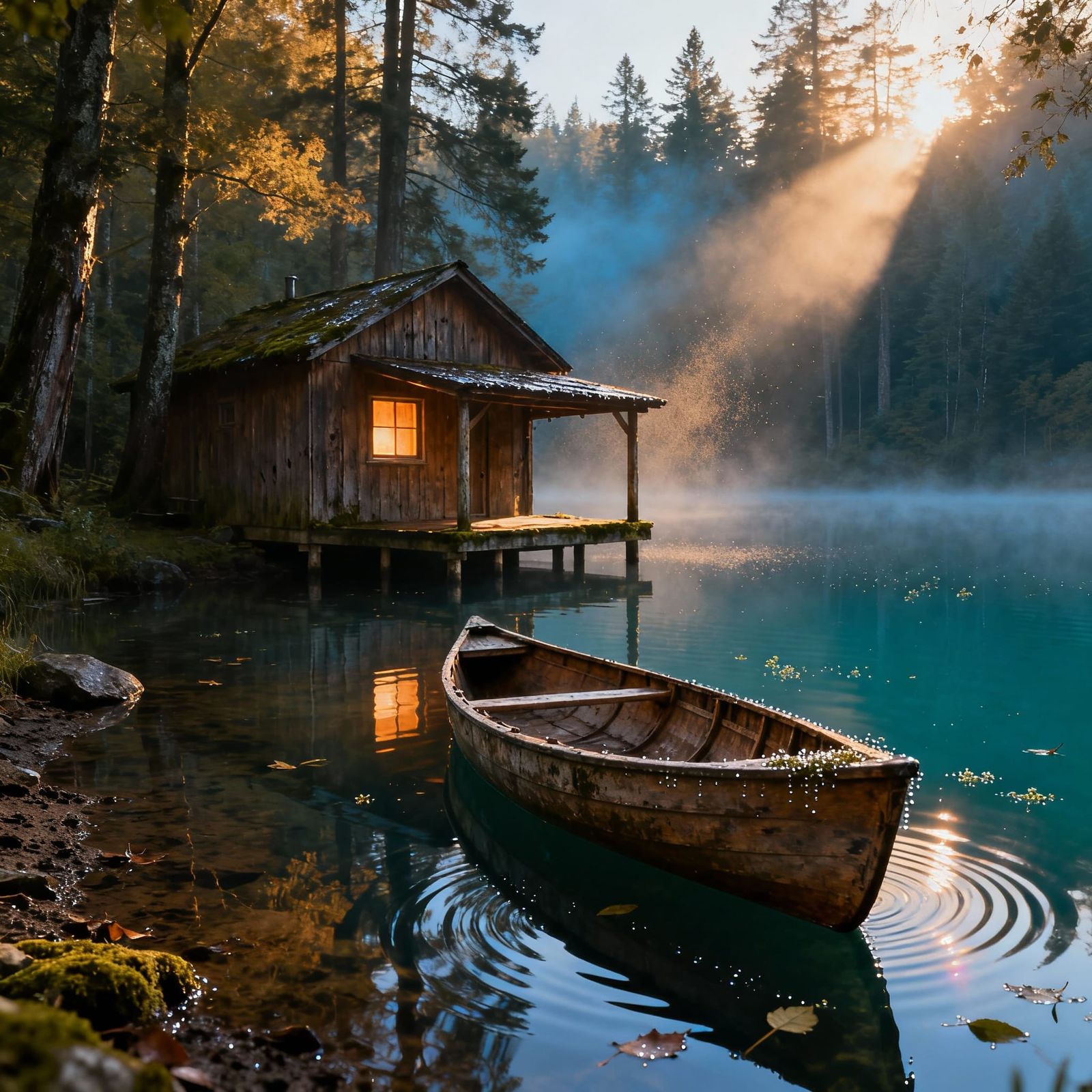 Tranquil Forest Cabin at Golden Hour Morning