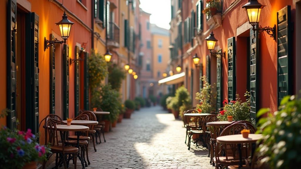 Vibrant Italian Street Scene with Morning Sunlight