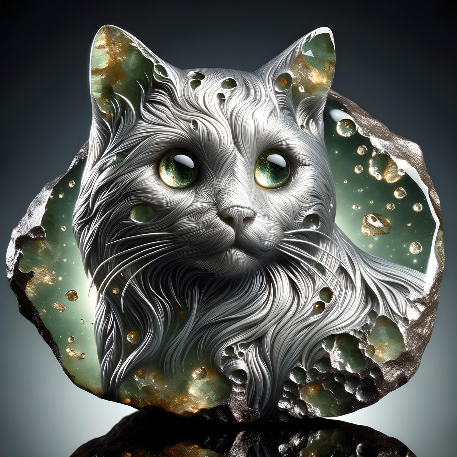 Meteorite Cat Sculpture with Olivine Crystals