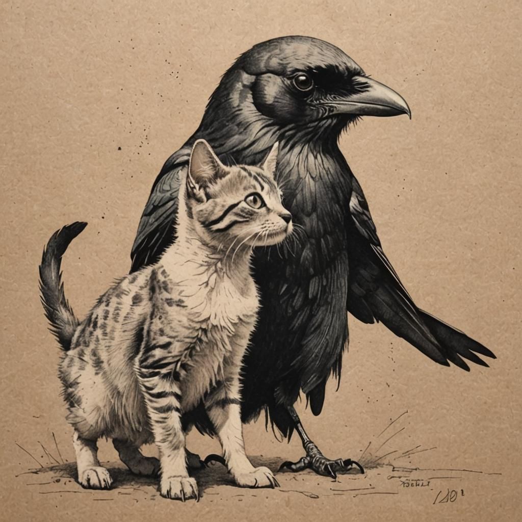 Simple Sketch of Crow and Kitten