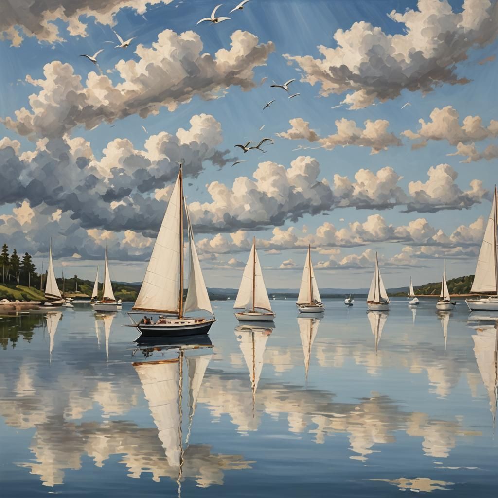 Tranquil Sailboats on Calm Waters, Detailed Matte Painting