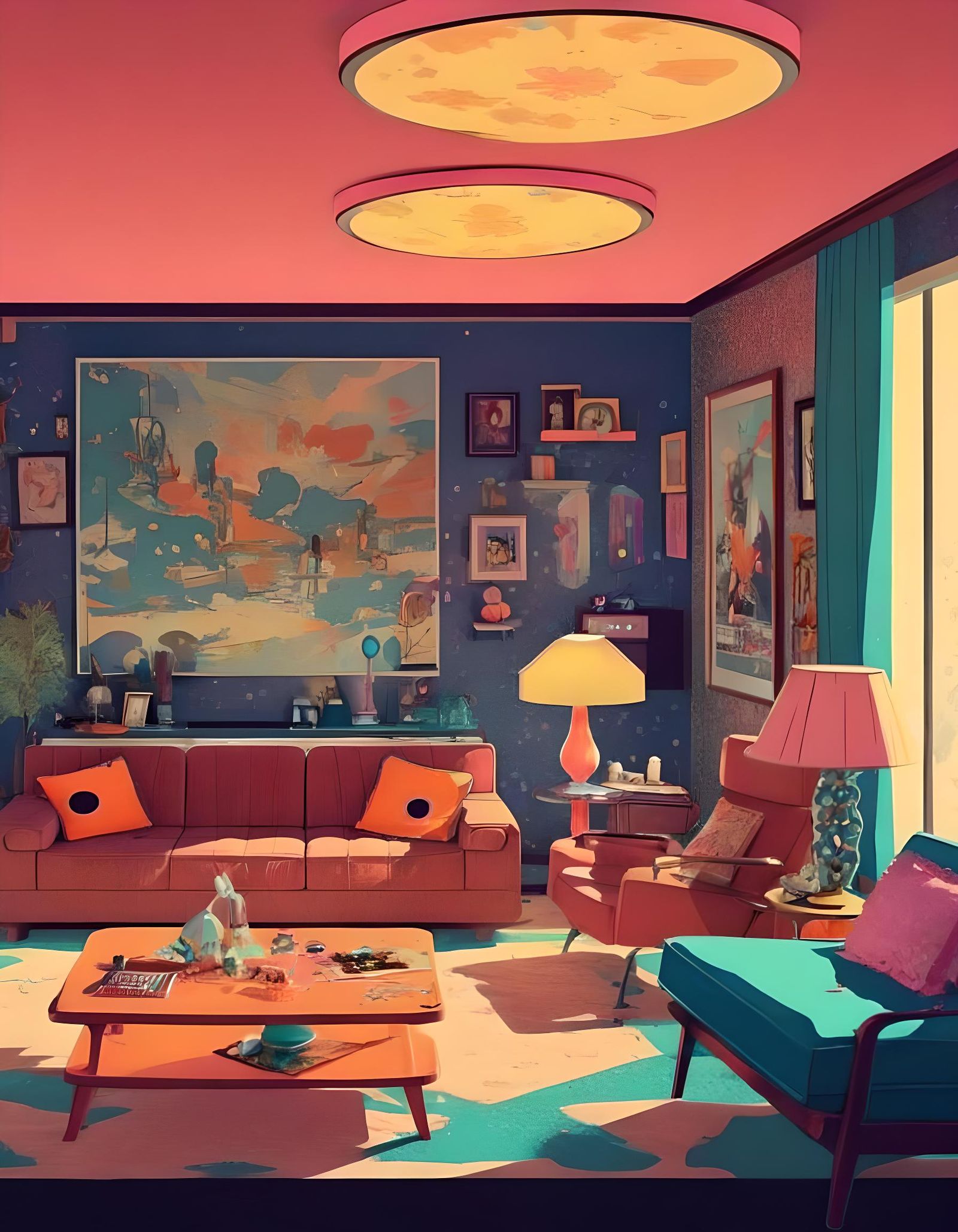 Stylized 70s Living Room in Cel-Shaded Style