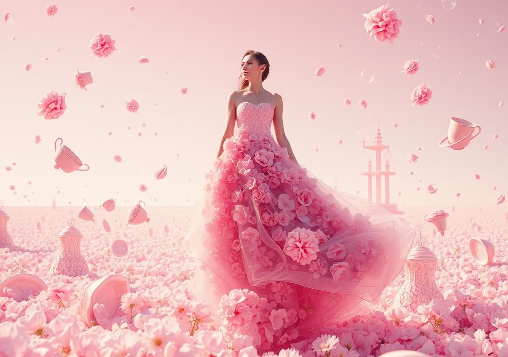 Woman in Pink Gown in Surreal Pink Void