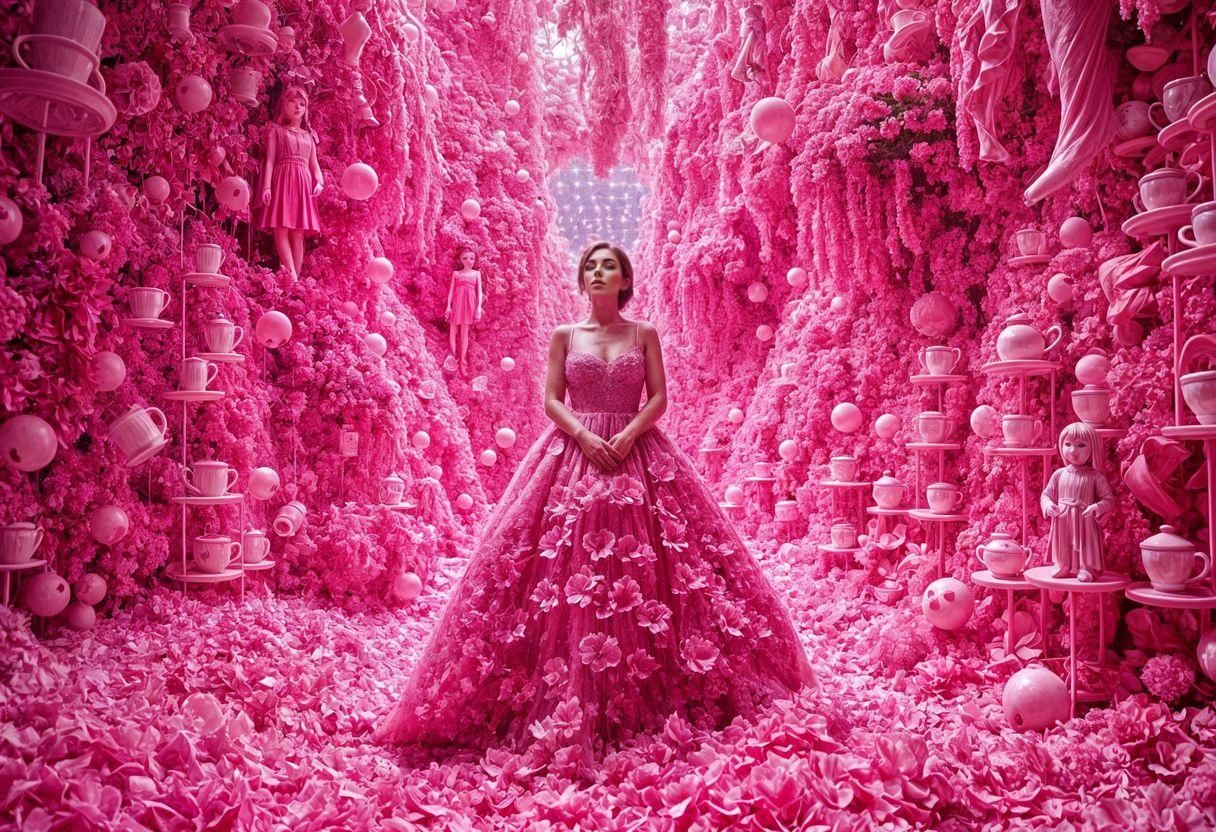 Woman in Pink Flower Dress in Bubble Room