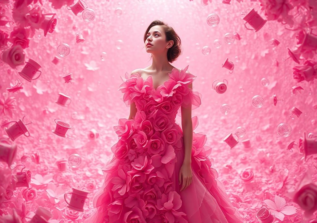 Woman in Pink Flower Dress in Dreamlike Void