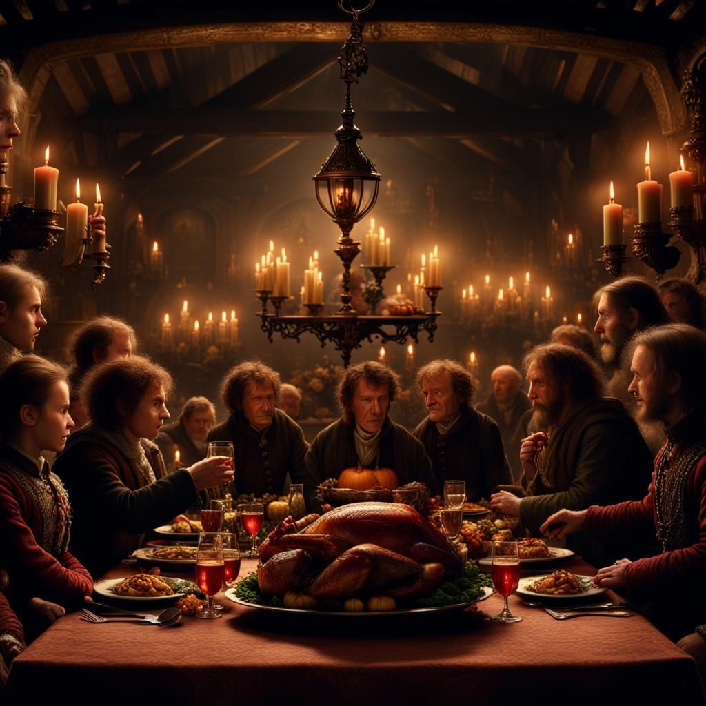 Halfling Thanksgiving Feast in Candlelit Hall