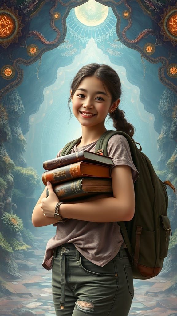 Mystical Student Girl with Vibrant Books and Backpack