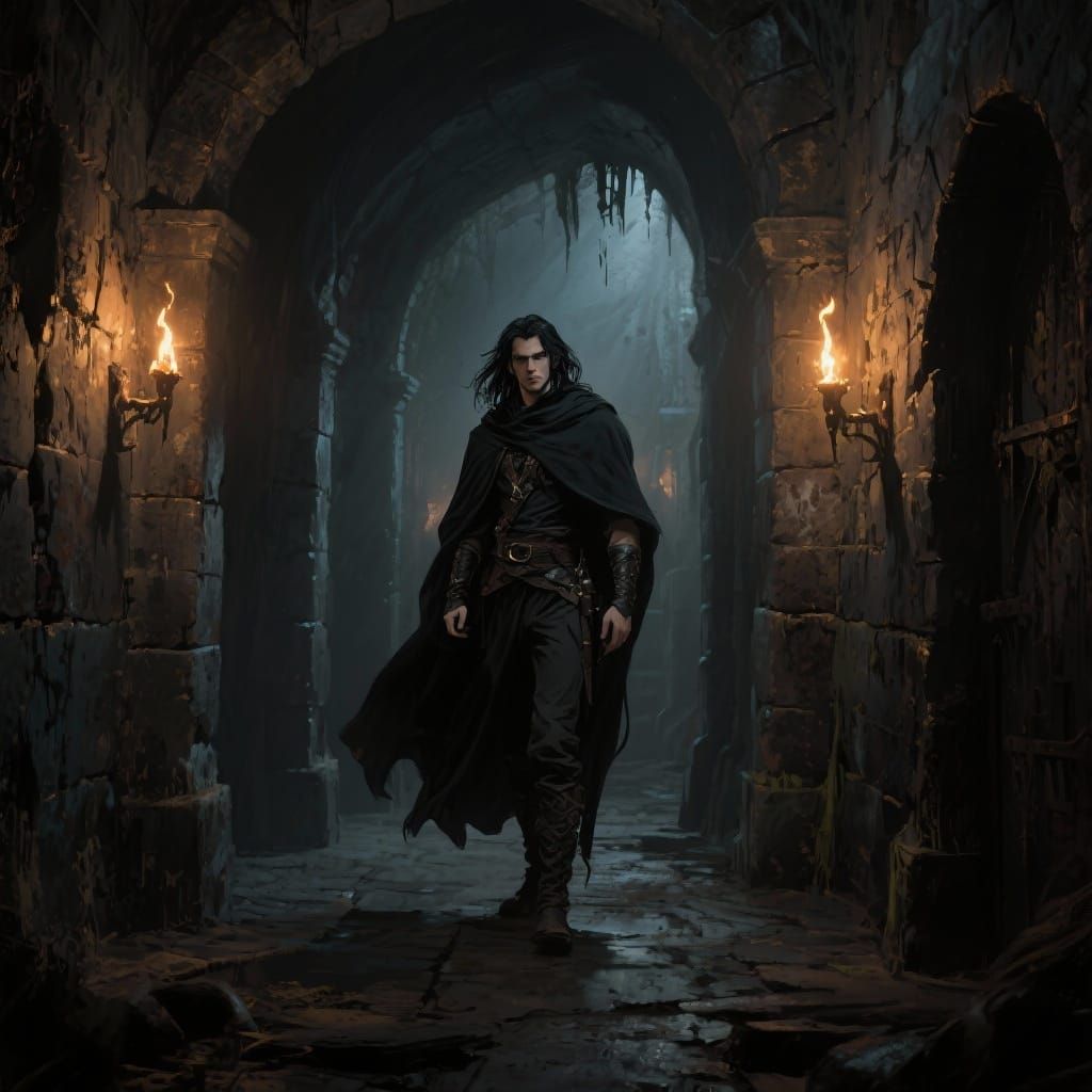 Male Half-Elf Rogue in Dim Dungeon Hallway