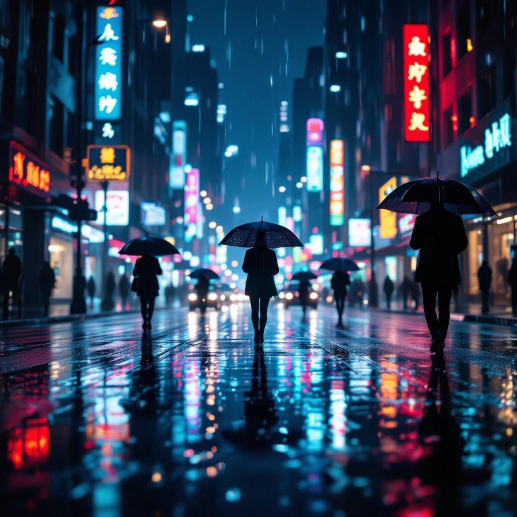 Neon City Street at Night: Rain, Reflections, and Umbrellas