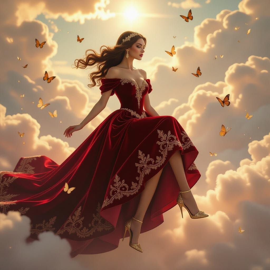 Ethereal Woman Descends from Golden Clouds