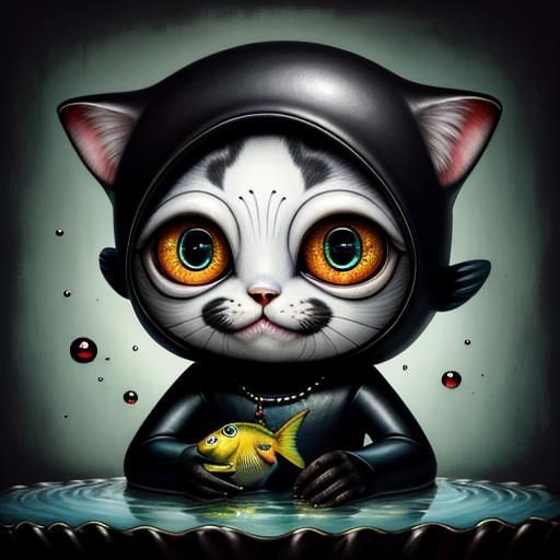 Surreal Fish-Cat Hybrid in Body Horror Style