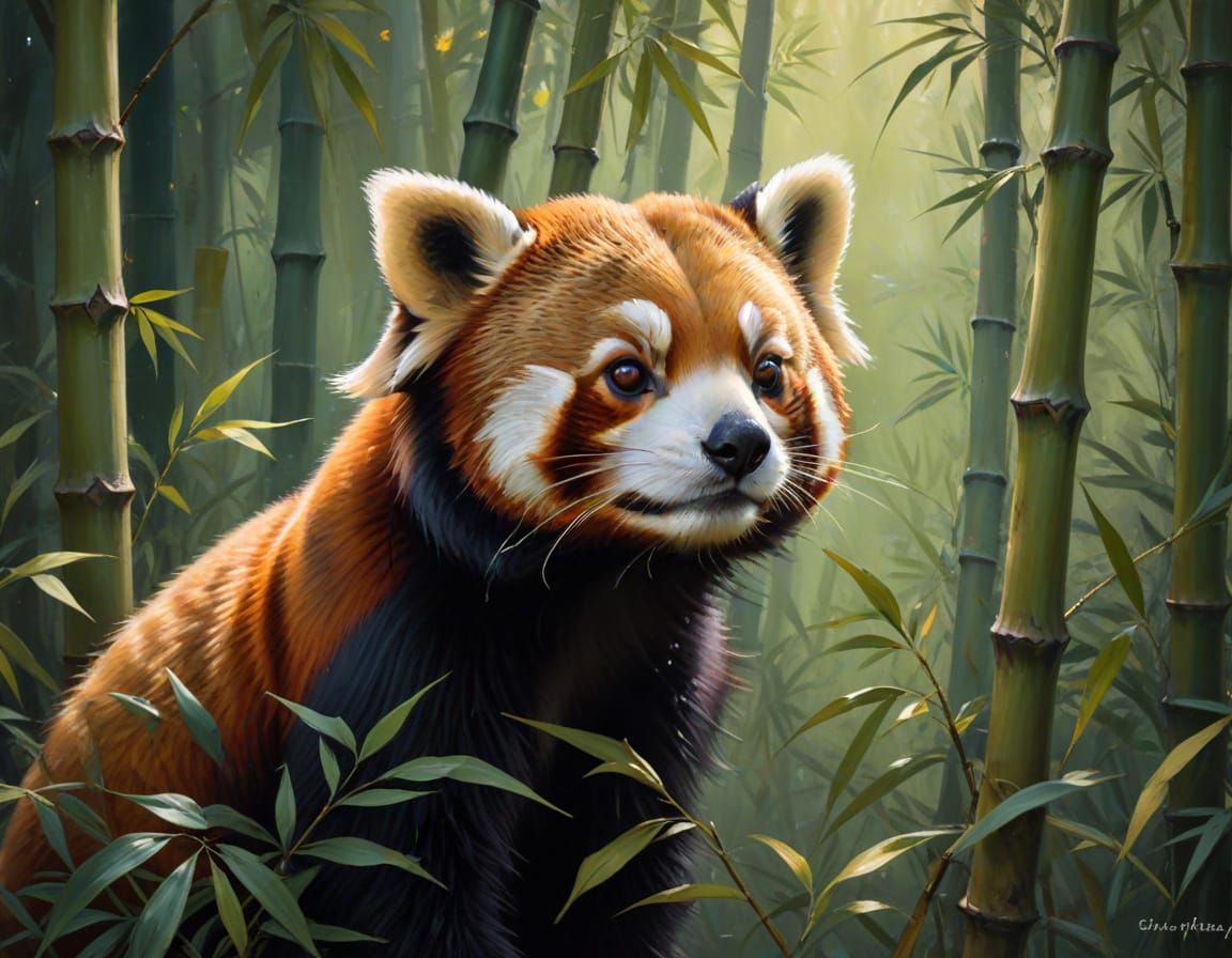 Red Panda in Bamboo Grove, Impressionist Oil Painting