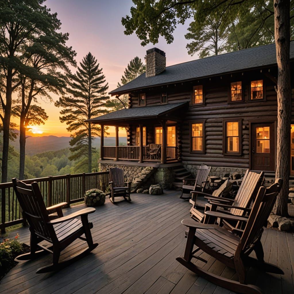 Rustic Log Cabin Amidst Sunset Woods