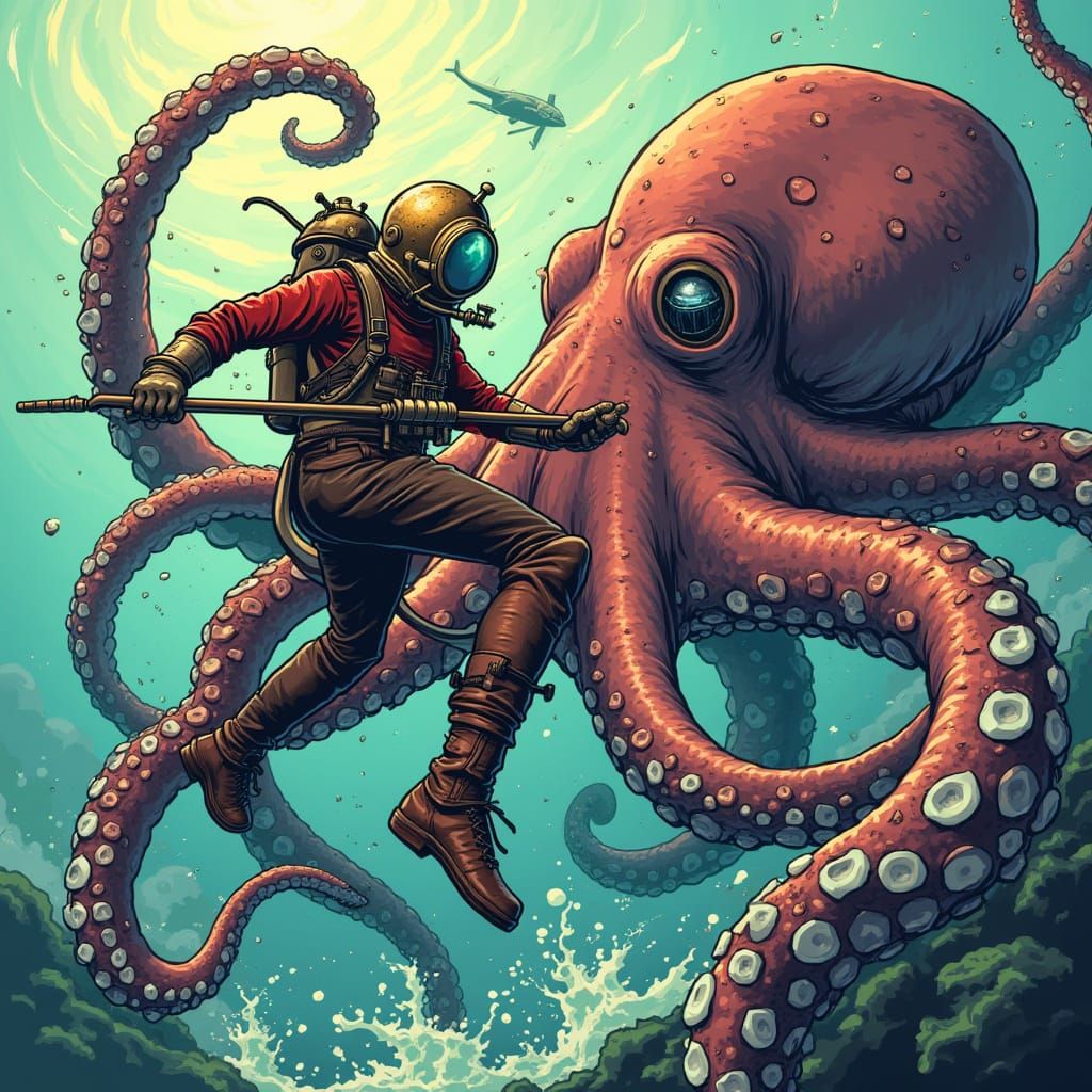 Diver Battles Giant Octopus in Limited Color Style