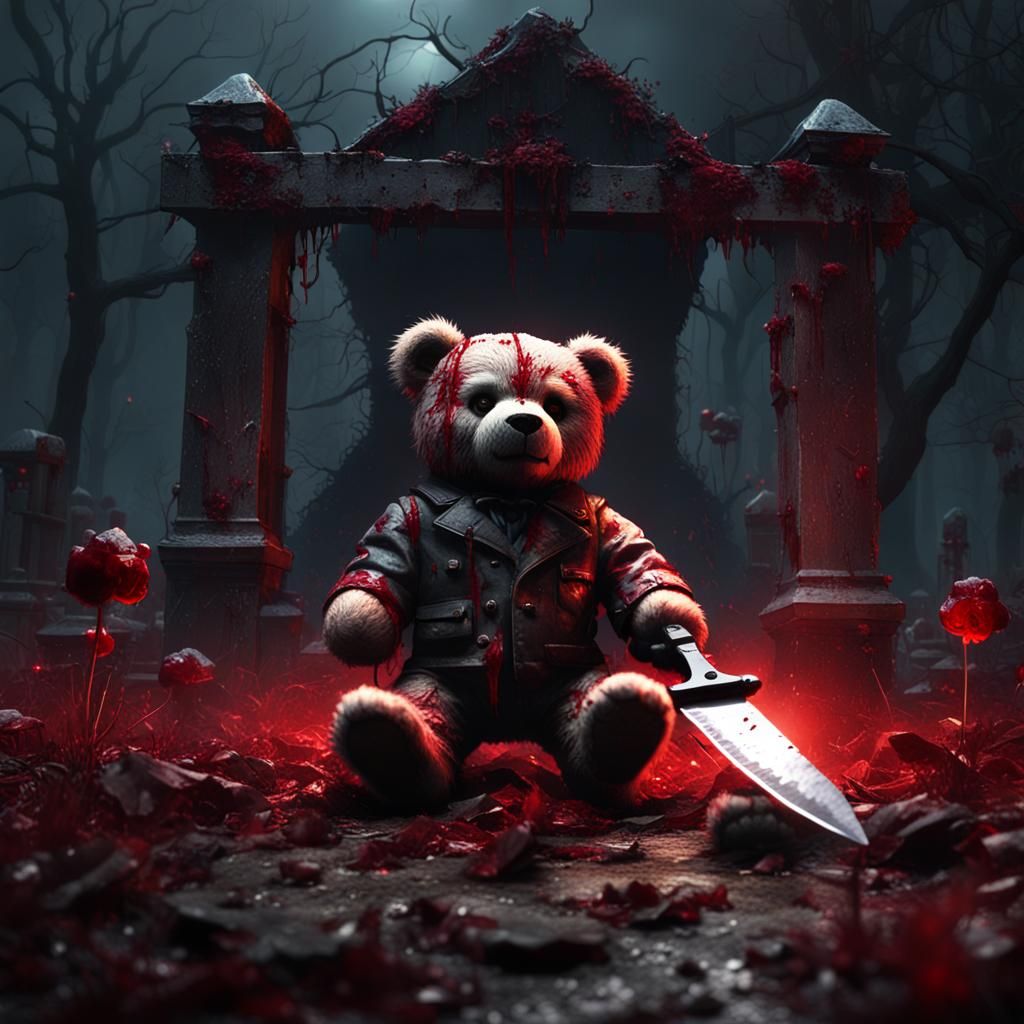 Bloody Teddy Bear Horror in Cemetery: Dark Fantasy Art